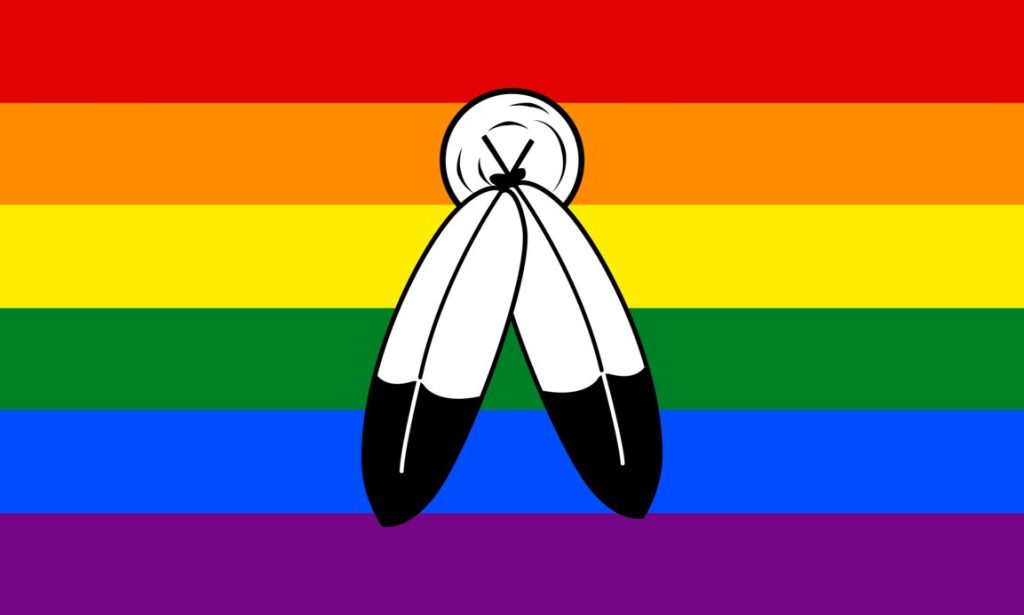 A Two-Spirit Pride flag, which shows two feathers in front of a circle, superimposed onto the original Pride flag