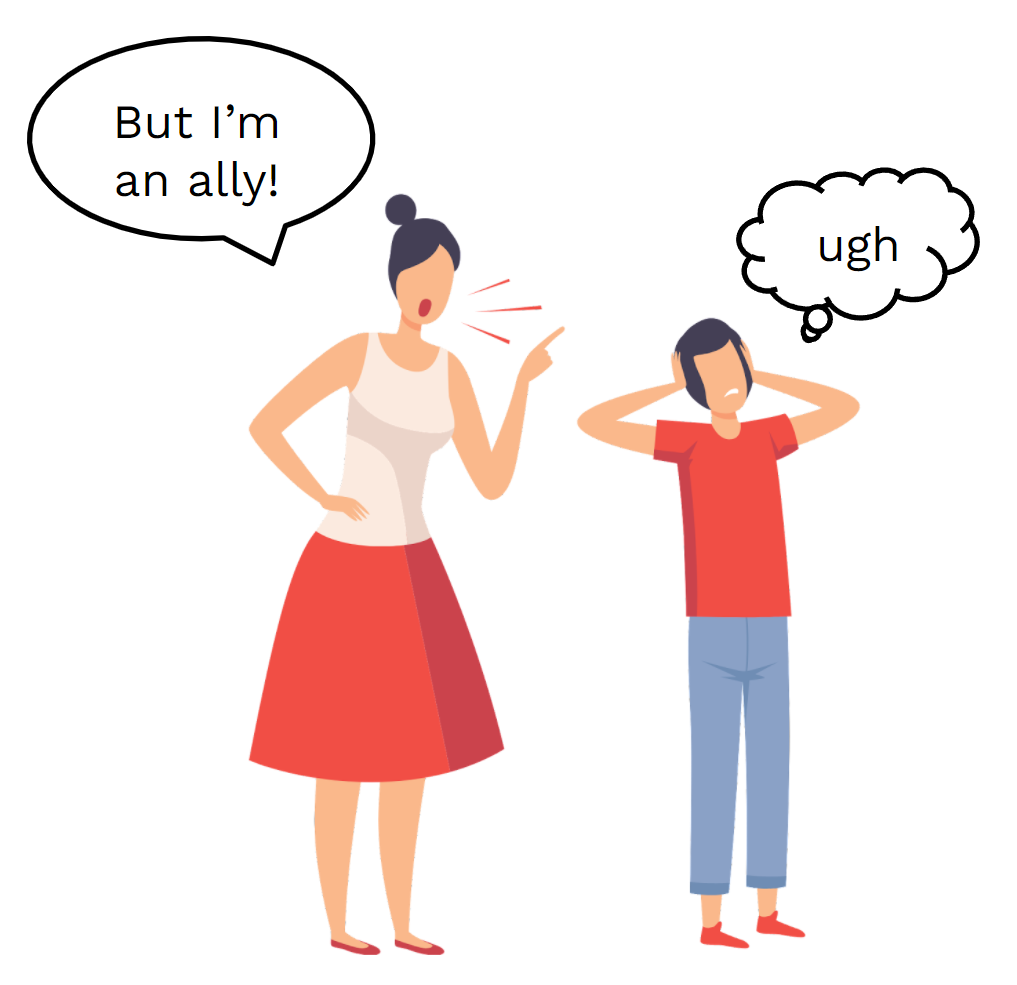 A cartoon of a person yelling "but I'm an ally!" at a second person, who has their hands over their ears and is thinking "ugh".