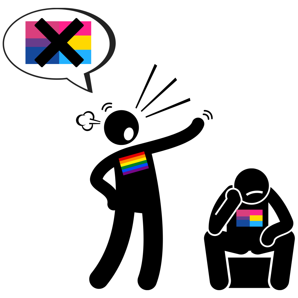 A cartoon image of a monosexual queer person berating a person who is bi/pan