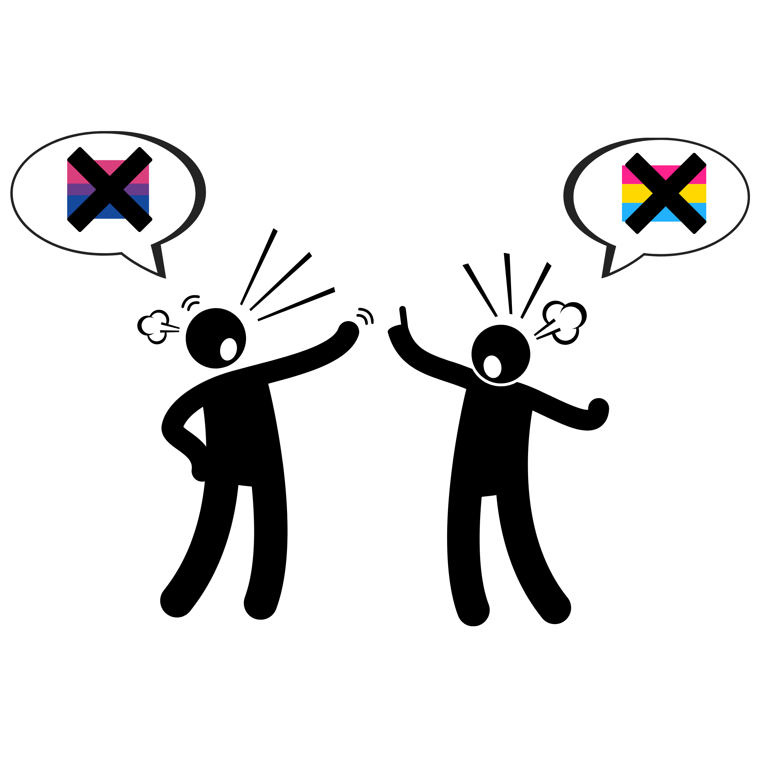 A cartoon image of a bisexual person and a pansexual person arguing with each other