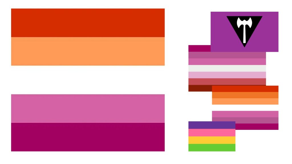 Images of five different lesbian Pride flags currently in use