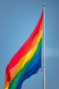 A photo of the original Pride flag on a flag pole