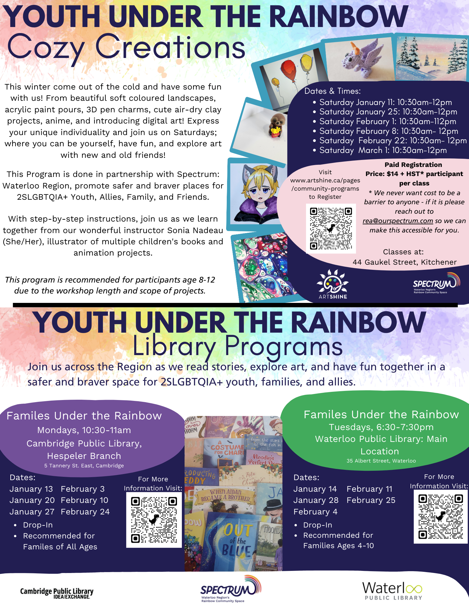 A flyer advertising the winter 2025 programming for youth under the rainbow. See the links on the website for full program details at each location.